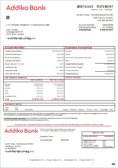 Download Austria Addiko bank mortgage statement scr Photoshop template